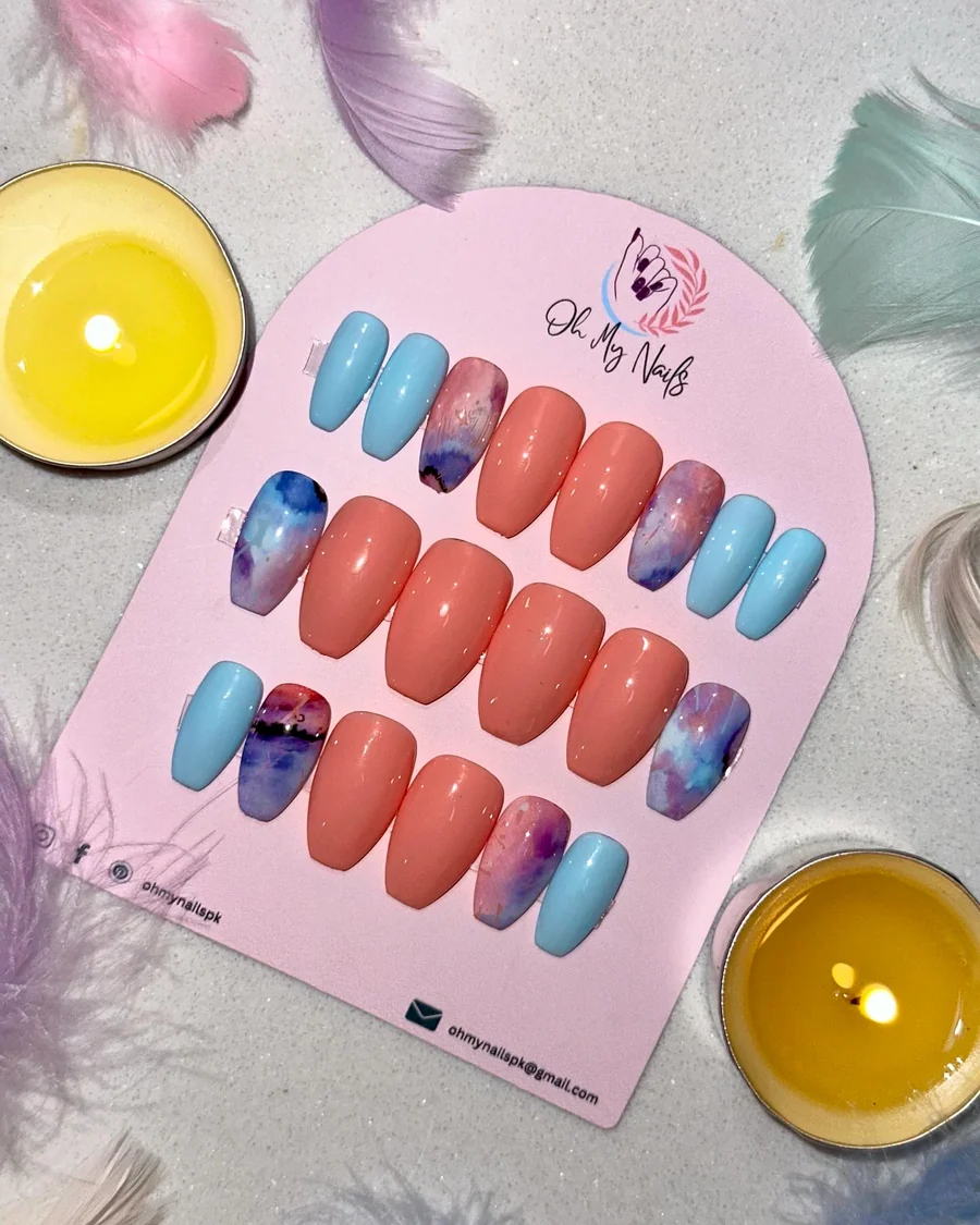 Colour-led custom press-on nail set on the Oh My Nails display board